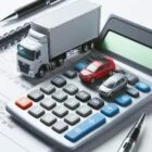 Skaičiuoklė, ant kurios yra trys miniatiūriniai modeliai: sunkvežimis ir du automobiliai. Šalia skaičiuoklės matomi rašiklis ir popieriai su užrašais, atspindintys automobilių pervežimo kainos apskaičiavimą.