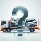 Sudaužytas automobilis ant autovežio su dideliu grafiniu klaustuku