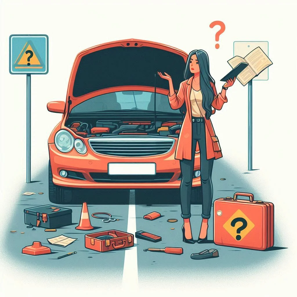 Pasimetusi moteris nežino ką daryti sugedus automobiliui kelyje